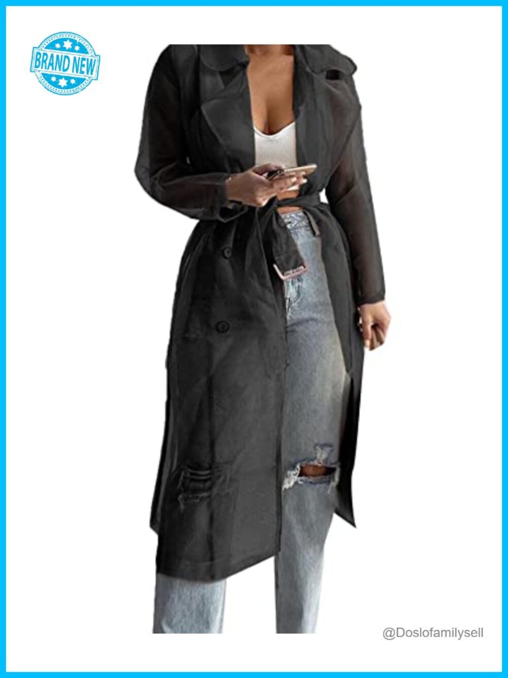 Sheer Mesh Long Sleeve Button Down Cardigan Trench Coat with Belt